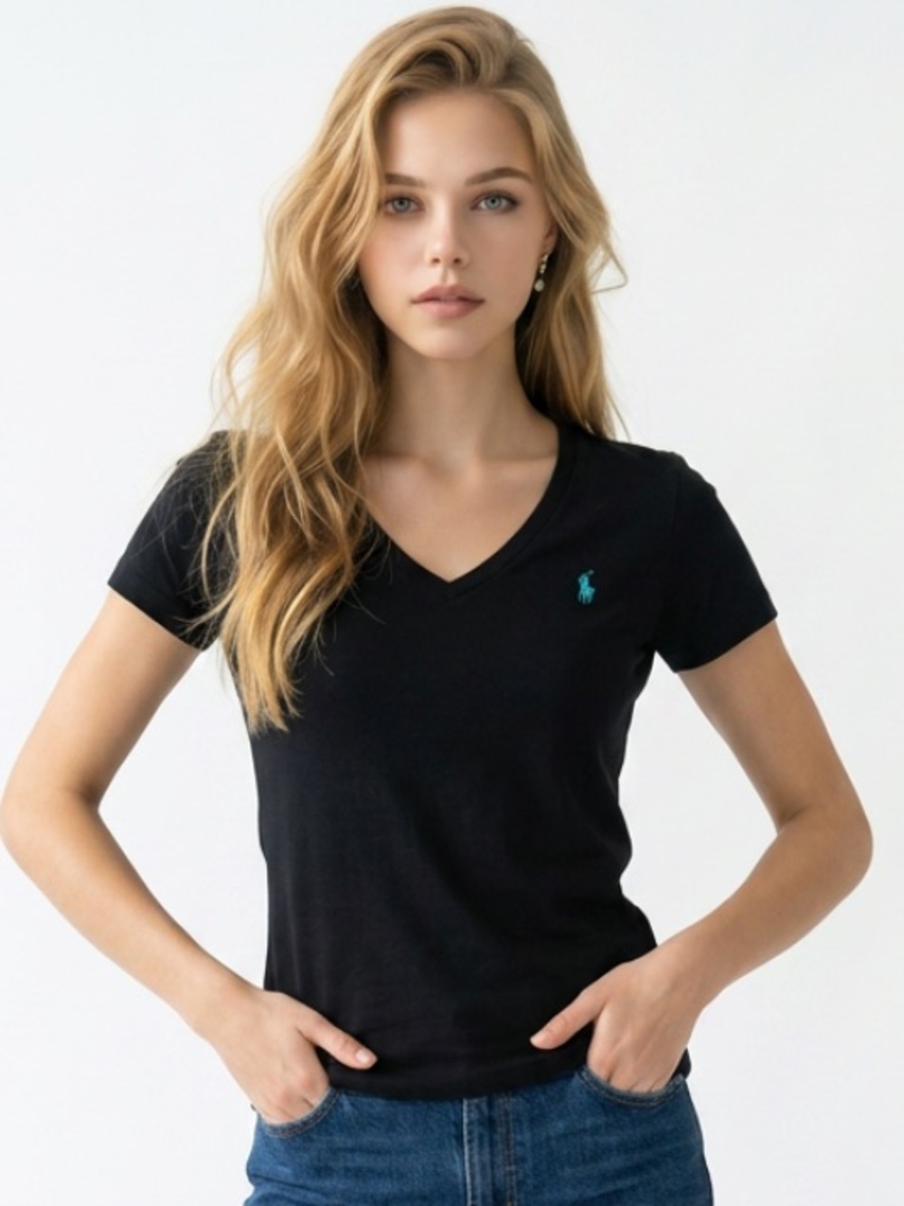 RALPH LAUREN Black V-Neck Tee Shirt Teal Pony Embroidery Short Sleeve Large